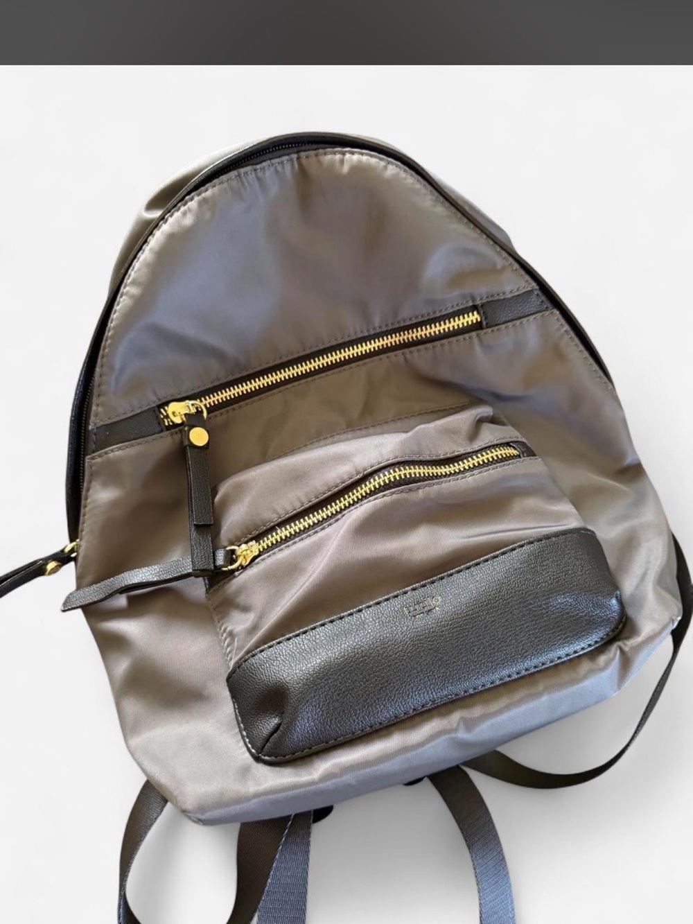 Gray Nylon Backpack with Black Leather Trim and Gold Hardware